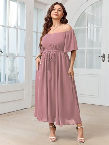 Image of SCOMCHIC Womens Plus Size Formal Dresses Off The Shoulder Wedding Guest Cocktail A-Line Split Maxi Dress with Pockets