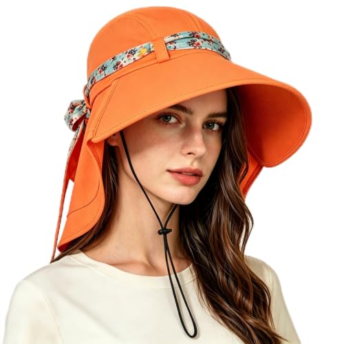 Image of Womens Sun Hats Neck Flap Large Brim UV Protection Foldable Fishing Hiking Cap