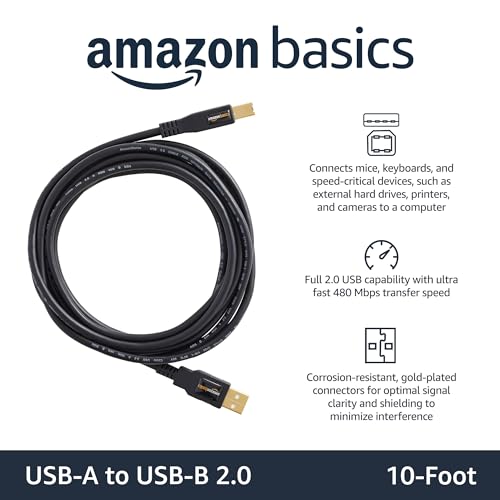 Amazon Basics USB-A to USB-B 2.0 Cable with 480 Mbps Transfer Speed for Printer or External Hard Drive, Gold-Plated Connectors, 10 Foot, Black - Image 3