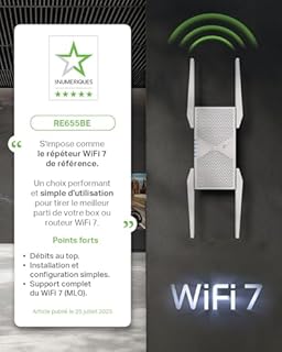 TP-Link Répéteur WiFi 7 Mesh BE9300 Mbps tri-Bande RE655BE, 1 Port 2.5 Gigabit, MU-MIMO, Compatible avec Les Box Internet, Profitez du WiFi 7 sans Changer Votre Box