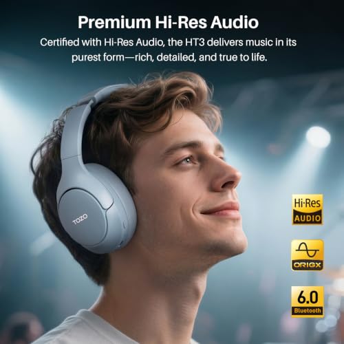 Image of TOZO HT3 Hybrid Noise Cancelling Headphones, 90H Battery Life Wireless Over Ear Bluetooth 6.0 Foldable Headset, AI Voice Assistant with 5 Mics, Connect 2 Devices and Hi-Res Sound, 32 EQ Audio Presets