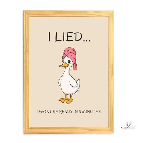Image of MIRA MEST Funny Bathroom Wall Decor Frame - I Lied I Won't Be Ready in 5 Minutes Quote Poster | Ready to Hang Cute Cartoon Wall Art for Bedroom, Washroom & Gifting
