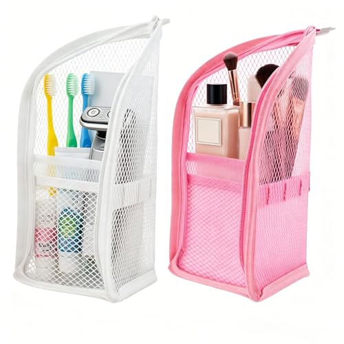 2Pcs Standing Toiletry Bag Upright Waterproof Travel Toiletry Bag Translucent Portable Foldable Makeup Cosmetic Bag Leakproof Travel Organizer Pouch for Bathroom Gym Business Trip Family Travel