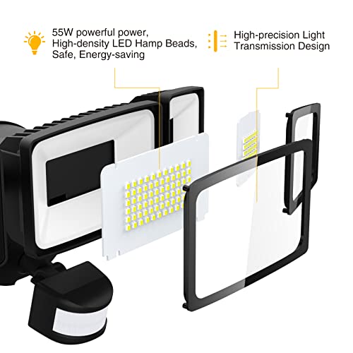 Onforu 55W Led Security Lights Motion Sensor Light Outdoor, 5500Lm, 6500K, Ip65 Waterproof, Flood Light Outdoor Motion Detector With Adjustable 3 Head, Hardwired Wall Light For Entryway, Yard, Garage #TOP1