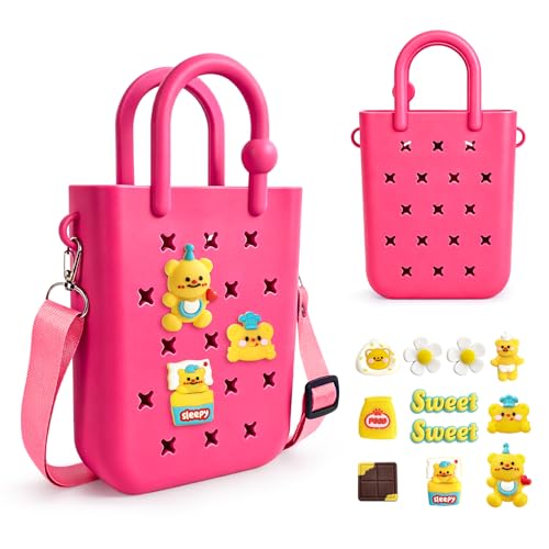 Image of Juyeesm Mini Rubber Beach Bag with Strap & Charms, Waterproof EVA Beach Bag for Girls, Small Rubber Tote Bag for Women