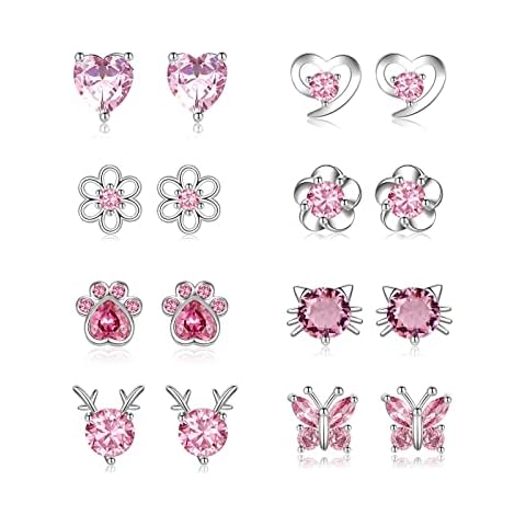 LOUMILEO 8Pairs Hypoallergenic Screwback Earrings for Women 925 Silver Stud Earrings for Girls Multipack Screw Back Toddler Earrings for Girls Cute Cat Heart CZ Flower Butterfly Stud Earrings Set Cover