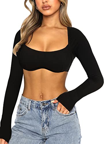 Navneet Women Long Sleeve Crop Tops Sexy Going Out Top Ribbed Corset Tops Square Neck Club Party Fall Tee Shirts