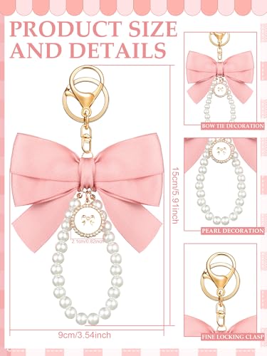 Image of Sureio Pink Bow Keychain Coquette Pearl Bowknot Keyring Bulk Wristlet Keychain Vintage Ribbon Purse Charm for Women Handbags