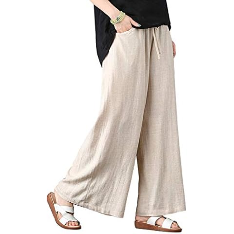 Ylingjun Womens Wide Leg Elastic Waist Loose Linen Pants (L, Beige) Cover