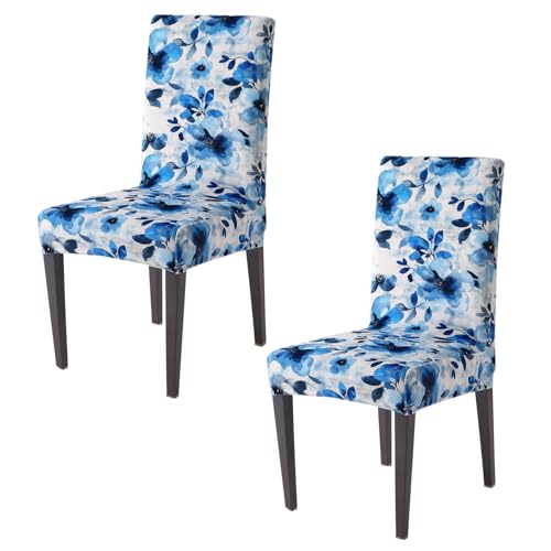 Image of HOKIPO Premium Printed Velvet Chair Cover Set of 2 for Dining Table, Blue Azure Botanical (AR-5794-D8*2)