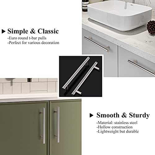 Image of Probrico 5 Pack|Brushed Nickel T Bar Cabinet Pulls Stainless Steel Kitchen Cabinet Drawer Handles, 6-1 /3 inch Hole Centers, Euro T Bar Pulls