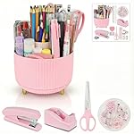 Pink Office Desk Accessories, 15pcs Office Supplies 360°Pen Holder , Stapler, Staple Remover, Tape Dispenser,Tape Refills, Binder Paper Clips Kit, Scissor, Cute Desk Accessories for Women Gift Set