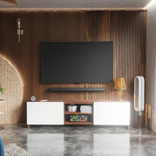 Image of Modern Living Room TV Stand with Open Display Compartment, Dual Side Storage Units, and Clean Contemporary Design for Home Decor | Assembly-DIY | Color-Cherry Pine & White