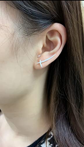 Katana Ear Climber Crawler Cuffs Wrap Earrings For Women Girls Men 925 Sterling Silver Minimalist Simple Long Curved Bar Studs Pierced Geometric Post Vine Pin Personalized Hoops Jewely (Silver) #TOP2