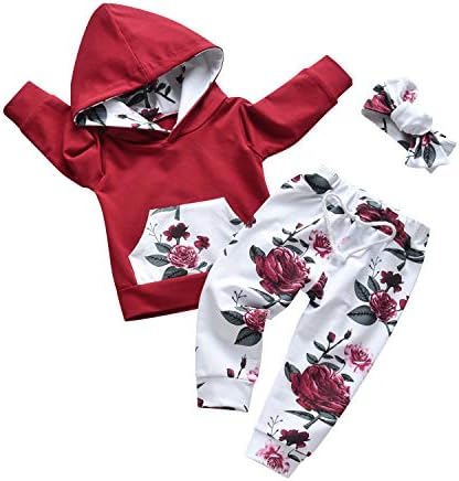 Baby Girl Clothes Long Sleeve Floral Hoodie Sweatshirt Pants with Pocket Headband Outfit Sets (6-9 Months) Wine Red