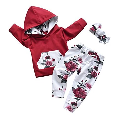 Eghunooy Baby Girl Clothes Long Sleeve Floral Hoodie Sweatshirt Pants with Pocket Headband Outfit Sets (3-6 Months) Wine Red Cover