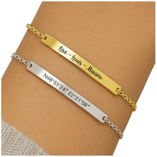 Bijou de Ré Bracelet personnalisable en acier inoxydable femme – Gourmette fine gravée recto verso – Acier, or jaune ou or rose – Chaîne 15+5 cm – Cadeau gravure prénom, date, message