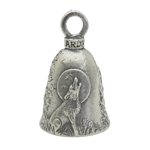 Image of Guardian Bell Howling Wolf Good Luck Bell w /Keyring & Black Velvet Gift Bag | Motorcycle Bell | Lead-Free Pewter | Good Luck Gift to Friends & Family | Bike Bell | Gift Accessory | Made in USA
