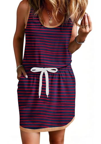 Image of Yousify Womens Summer Sleeveless Striped Dress Drawstring Waist Casual Tank Mini Dresses with Pockets