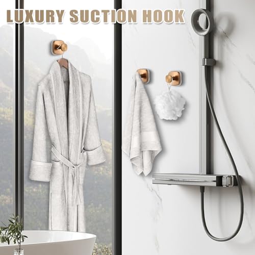 Image of No-Drill Reusable Suction Cup Hooks, Towel, Robe, Loofah, Coat Hook for Glass, Mirror, Tile, Shower, Bathroom, Kitchen & Metal (Smooth, Non-Porous Surfaces) (2, Champagne Bronze)