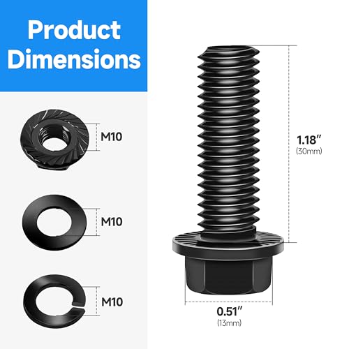 Image of (10Sets) M10 Bolt x 30mm Flanged Hex Head Bolts, External Flange Hex Drive M8 Screws, Class 10.9 Black Zinc Plated Alloy Steel Metric M10x1.5 Bolts Kit