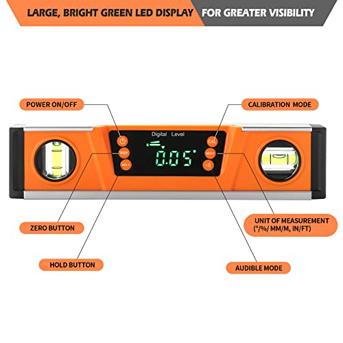 Image of 10-Inch Digital Torpedo Level and Protractor | Neodymium Magnets | Bright LED Display | V-GROOVE MAGNETIC BASE | IP54 Dust /Water Resistant smart level with Carrying Bag