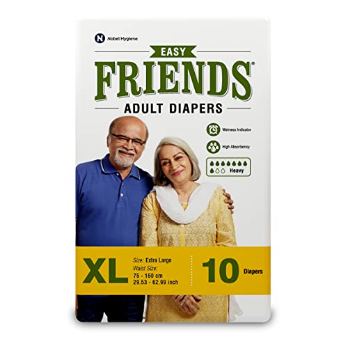 Friends Easy Adult Diapers Tape Style |10 Count (X- Large) | Waist 35.43-65.35 inch; 90-166 cm with odour lock | Unisex | Leakproof | Wetness Indicator and Anti-Bacterial Absorbent Core