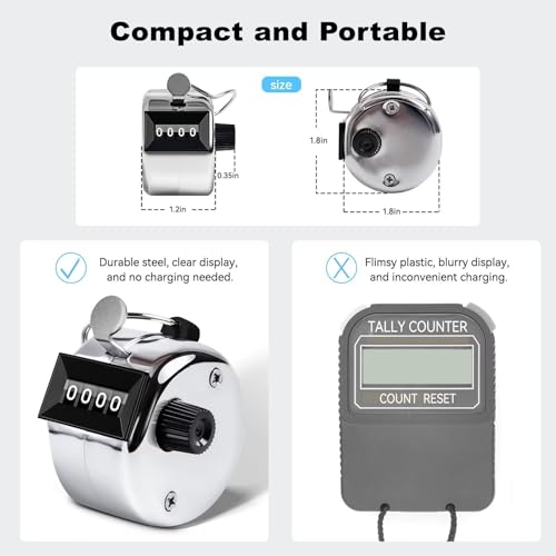 Image of Clicker Counter, Metal Hand Tally Counter Clicker with 4 Digit Display, Pitch Counter for Golf Stroke, Baseball, Coaching, Knitting, Lap, Row Sport, Silver
