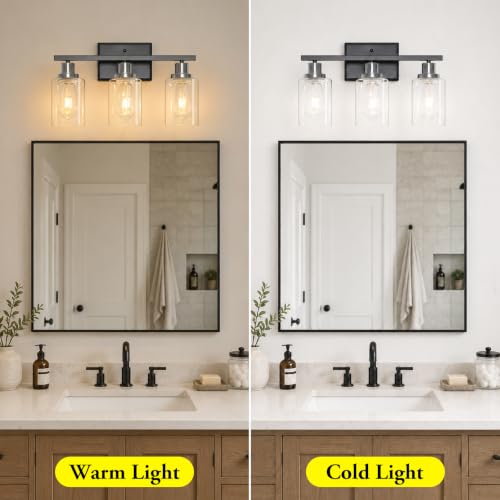 Image of Ascher Bathroom Vanity Light Fixtures, 3 Light Wall Sconces Lighting with Clear Glass Shade, Black and Brushed Nickel Wall Lights for Mirror, Kitchen, Living Room, E26 Base (Bulbs Not Included)