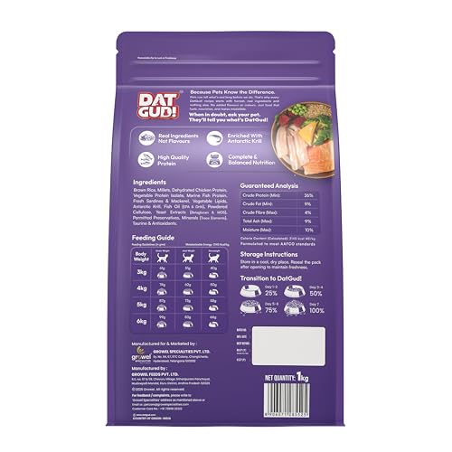 Image of DatGud Adult Dry Cat Food, Chicken & Wild Fish with Antarctic Krill, 2 kg (1 kg + 1 kg Free) | Complete & Balanced Nutrition | Antioxidants for Immunity | Taurine for Heart & Vision | Easy to Digest