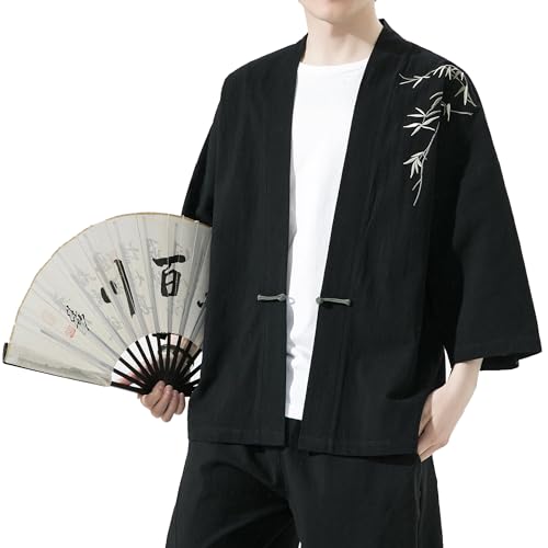 Image of Mens Kimono Cardigan Cotton Linen Japanese Shirt 3 /4 Sleeve Haori Yukata | Skin-Friendly Solid Color Lightweight Shawl Collar Kimono Robe Embroidery Button Tie Pockets Happi Coat All Season Daily Wear