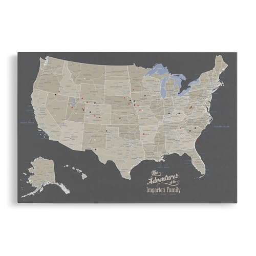 Image of United States Travel Map with Pins - Earth Tone USA Pinnable Map to Track Travels - Extra Large Canvas Wall Art Gift for Travelers - Gallery Wrap - 34 inch x 51 inch
