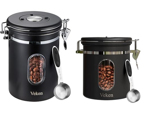 Veken Coffee Canister Gift Set with Window, Airtight Stainless Steel Kitchen Food Storage Container with Date Tracker and Scoop for Grounds Coffee, Beans, Tea, Flour, Cereal, Sugar, 22&16OZ,Black