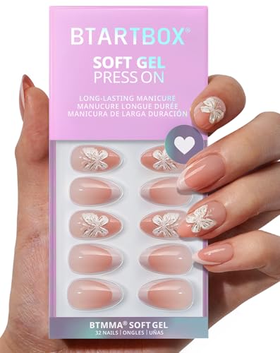 BTArtbox Press On Nails Short - 3D Butterfly French Tip Almond Pr...