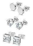 FIBO STEEL 3 Pairs Stainless Steel Black Stud Earrings for Men Women CZ Earrings, 3mm-8mm Available