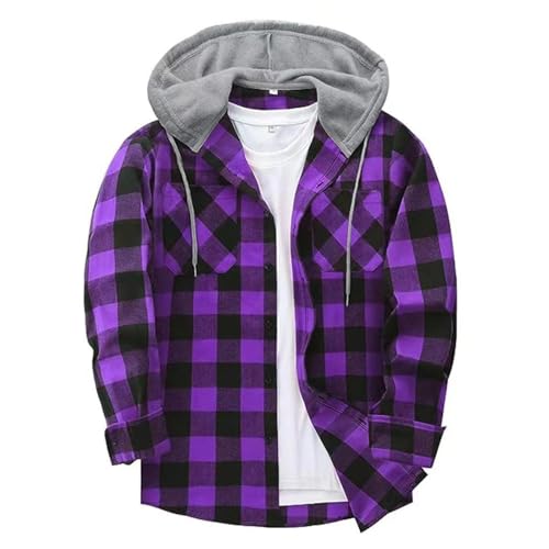 Button Down Plaid Men Shirts Fashion Colorblock Checkered Hoodie Casual Long Sleeve Preppy School Sweatshirt Jacket