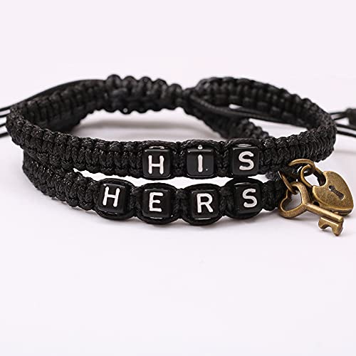 Image of AKOAK 2 Pcs HIS HERS Couple Braided Bracelet Padlock Key Pendant Hand Braided Lanyard Valentine's Day Gift Jewelry