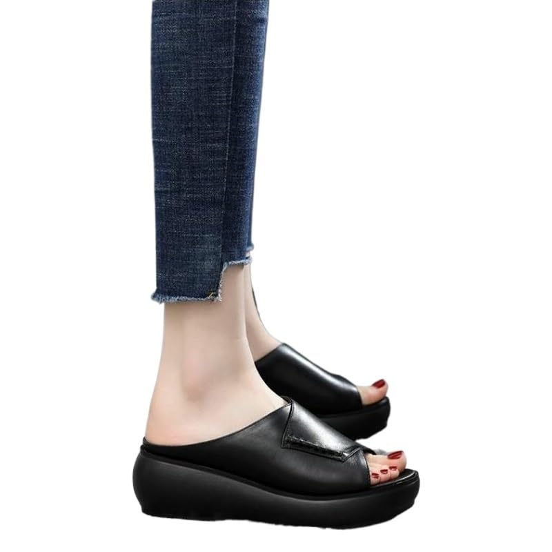 Soft leather thick sole slippers are versatile for external wear waterproof platform slope heel sandals2