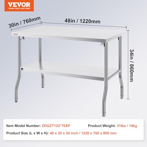 Image of VEVOR Stainless Steel Foldable Work Table, 30 * 48 Inch Heavy Duty Food Outdoor Double Layer Stainless Steel Worktable for Commercial Kitchen Restaurant