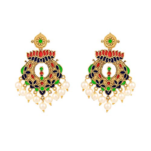 Image of Yellow Chimes Beautifully Enamelled Stylish Gold Plated Meenakari Chandbali Earrings for Women and Girls