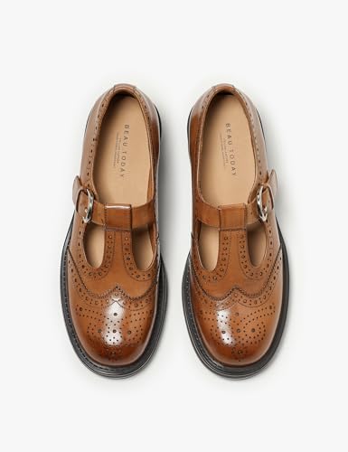 Image of BEAU TODAY Oxford Shoes for Women, Mary Jane Shoes for Women T Strap Leather Wingtip Brogue, Chunky Heel Comfortable Non Slip Dress Work Shoes