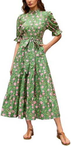 YEXPINE Women's Floral Printed Stand Ruffle Collar Midi Dress Half Sleeve Button Down Flowy Belted Beach Vacation Dress, Green, L