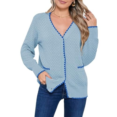 Pink Queen Women's Cropped Cardigan 2024 Long Sleeve V-Neck Button Down Knit Sweater Tops Open Front Lightweight Light Blue X-Large