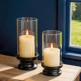 NUPTIO Hurricane Glass Candle Holder: Set of 2 Black Pillar Candle Holders with Glass Cylinder - Metal Pillars Candleholder for Halloween Thanksgiving Fireplace Living Room Decor