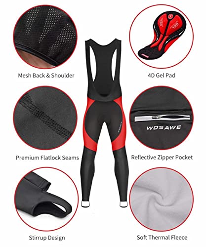 Wosawe Men's Thermal Bib Pants Winter Cycling Stirrup Compression Leggings 4D Padded Bike Tights, Red Xxxl #TOP4