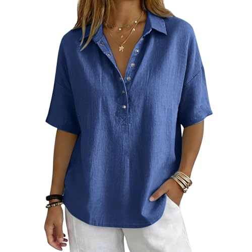 Cotton Gauze Tops for Women Blue L - 2026 Summer Cotton Linen Half Sleeve V Neck Henley Shirt Gauze Dressy Casual Blouses Business Office Work Vacation Clothes