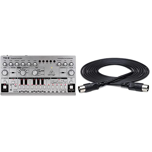 Behringer TD-3-SR Analog Bass Line Synthesizer - Silver and Hosa MID-315BK 5-Pin DIN to 5-Pin DIN MIDI Cable, 15 Feet Bundle