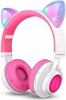 Riwbox Bluetooth Headphones, CT-7 Cat Ear LED Light Up Wireless Foldable Headphones Over Ear with Microphone and Volume Control for iPhone/iPad/Smartphones/Laptop/PC/TV (White&Pink)