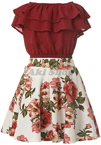 Image of Cold Shoulder Crop Top Ruffle Layered Top Flower Girl Skirt Sets for Girl
