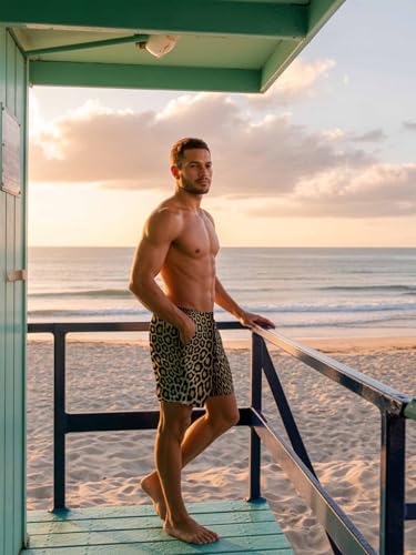 Mens Swim Trunks with Compression Liner,Retro Leopard Dot Men's Inseam Board Shorts Quick Dry Bathing Suit for Men/Boys4